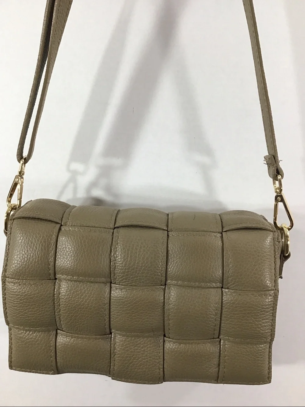 Chiara Ferretti taupe padded cassette woven leather flap crossbody bag Italy